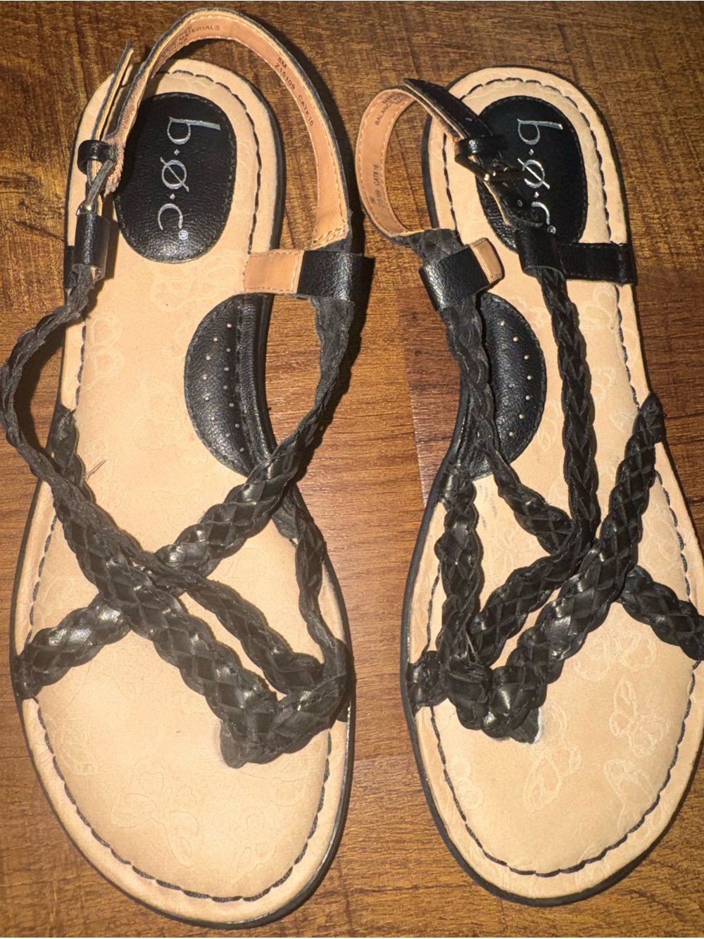 b.o.c. Black Braided T-Strap Sandals with Tan Footbed
